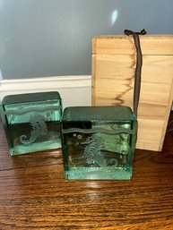 Seafoam Green Solid Glass Block Bookends - Seahorse Design.
