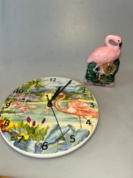 Pink Flamingo Clock & Thermometer