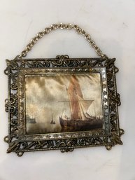 Vintage Made In Italy Metal Wall Hanging With Quilted Ship Scene