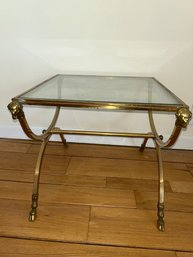 Brass & Glass Side Table With Ram's Heads And Hoof Feet
