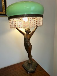 Art Nouveau Figural Lady Lamp With Green Glass Beaded Shade