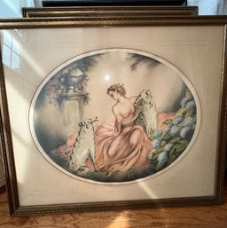 Colored Lithograph Titled 'Woman And Russian Wolfhounds' By L.C. Renart.