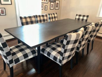 Crate & Barrel Verge 100 Inch  Black Live Edge Dining Table & 8 Gingham Chairs