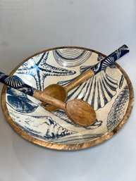 Wood & Enamel Coastal Seashell Serving Bowl & Utensils