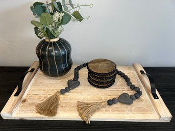 Decorative Wood Tray With Vase & Bead Decor