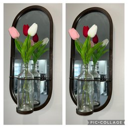 Pair Of Metal Wall Mounted Mirrors  W/Glass Bottle For Floral