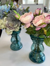 Pair Of Glass Teal Vases / Candleholders