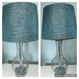 Pair Of Glass Table Lamps With Teal Shades