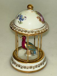 Limoges France Gilded Hand-painted Porcelain Bird In A Cage Figurine