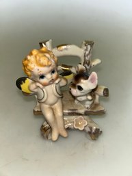 Japanese Porcelain Angel And A Dog Sitting On A Bench, Vintage