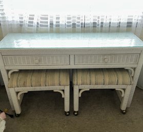 Henry Link White Wicker Console Table And Stools