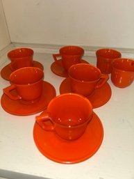 Vintage Hazel Atlas Platonite Orange Children's Cups And Saucers