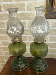 Pair Of Green Glass Antique Oil Lamps