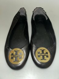 Tory Burch Minnie Travel Ballet Flats In Black Leather Size 11