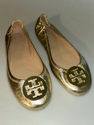 Tory Burch Minnie Travel Ballet Flats In Gold Leather Size 11