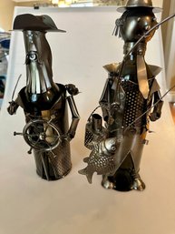 Pair Of Metal Sculptures Wine Bottle Holders - Ship's Captain, Fisherman