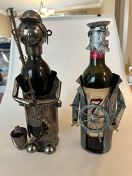 Pair Of Metal Sculptures Wine Bottle Holders - Ship's Captain, Fisherman