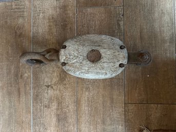 Vintage Single Rope Wooden Block Pulley With Hook