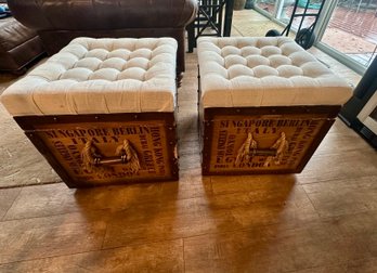Pair Of Tufted Crate Storage Ottomans.