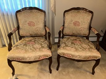 Pair Vintage Floral Wood Arm Chairs