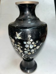 Black Metal Vintage Vase With Inlaid Mother Of Pearl Opalescent Bird And Flowers
