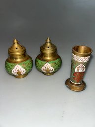 Brass & Green Enamel India Hindu Deity Salt & Pepper Shakers Cloisonne