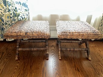 Pair Of Woven Rattan Banana Leaf Stools