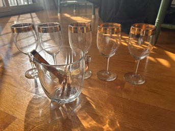 Vintage Gold Rim Glasses And Icebucket