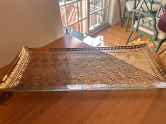 Georges Briard Rectangular Glass Tray Gold Floral Design 16.5 X 7'