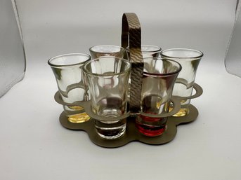 Vintage Shot Glass Set And Metal Carrier