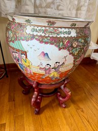Vintage Chinese Fish Bowl Planter And Stand