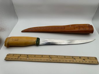 Vintage J. Marttiini Finland Stainless Fillet Knife W/ Leather Sheath 6' Blade