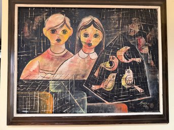 Mid-century Modern Oil Painting Guardians Of The Cage, Signed