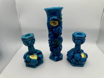 Vintage Ceramic Set Inarco Mood Indigo Blue Fruit Vase, Two Matching Candlestick Holders