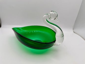 Vintage Mid-century Emerald Green Art Glass Swan Trinket Dish