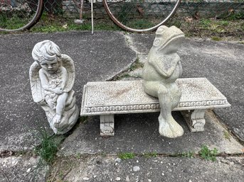 Garden Decor. Frog And Angel Are Cement.