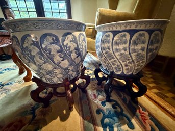 Lot Of 2 Large  Chinese Blue-and-white Porcelain Fishbowl Planters