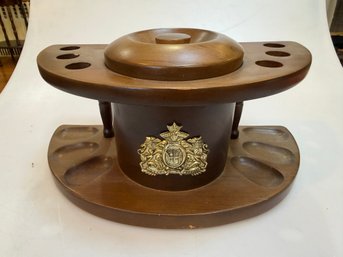 Vintage Wooden 6-pipe Display Stand And Tobacco Humidor