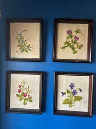 Set Of 4 Framed Floral Cross-stitch Embroidery