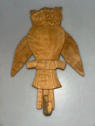 Carved Wood Owl Hook Moving Wings Folk Art Vintage Primitive Wall Decor 11' Tall