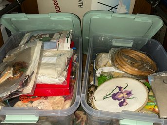 Two Large Bins Full Of Cross Stitching Supplies