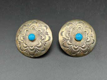 VINTAGE NATIVE AMERICAN  BLUE GEM TURQUOISE STERLING SILVER EARRINGS
