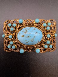 Vintage Faux Turquoise Cabochon Rhinestone Brooch Pin