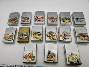 LOT OF 15 STATE ZIPPO LIGHTERS