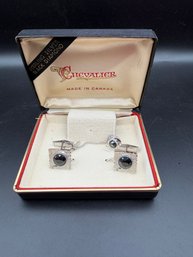 Vintage Chevalier Sterling Silver And Black Stone Cufflink And Tie Tack Set