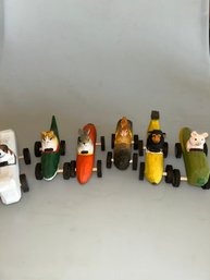 Handmade Carved Wooden Animal Figurines Driving Miniature Racing Vehicles,