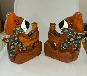 Vintage Handmade Wooden Bears Candle Holders