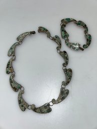 .Fabulous Vintage Mexican Sterling Silver Inlaid Stone Necklace & Bracelet Set