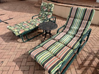 Two Chaise Loungers And Table With Reversible Cushions