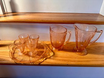 Pink Depression Glass Tumblers, Tray, Pitchers Set